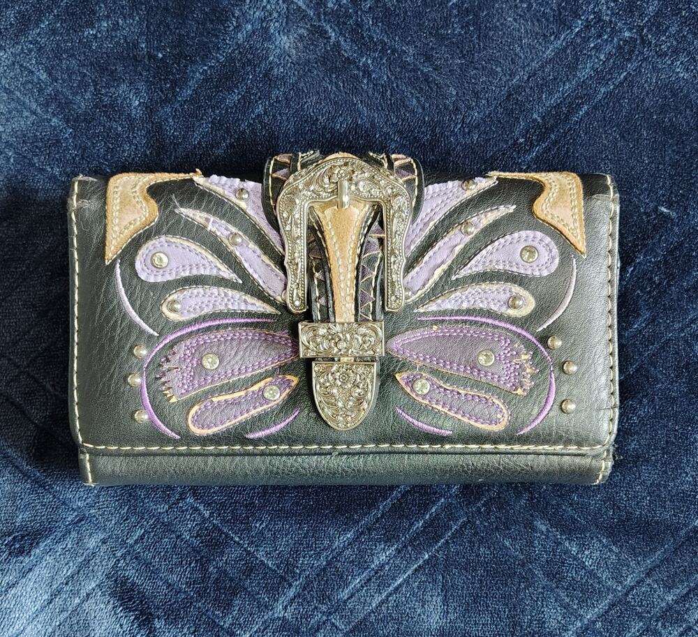 Butterfly Wallet purple embroidered wings, rhinestones and silver buckle Zelris